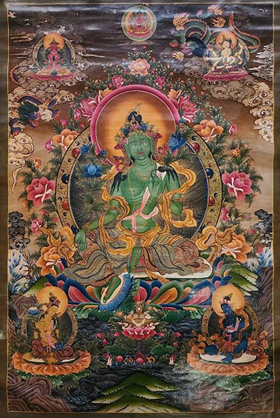 Green Tara Thangka, Buddhist Traditional Painting, Tibetan Style, Goddess Of Divine Grace, [real Gold], [oiled Thangka]