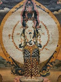 Sahasrabhuja Avalokitesvara Thangka, Buddhist Traditional Painting, Tibetan Style, [real Gold], [oiled Thangka], [old Stock]