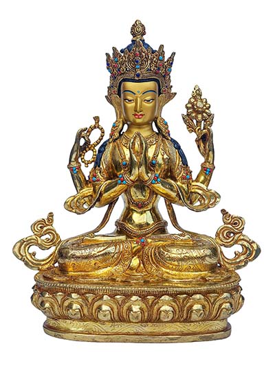 Chenrezig - Avalokitesvara, Buddhist Handmade Statue, [face Painted], [gold Plated]