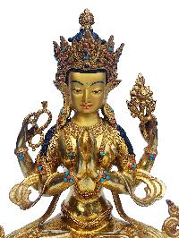 Chenrezig - Avalokitesvara, Buddhist Handmade Statue, [face Painted], [gold Plated]