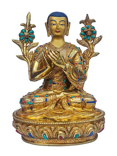 Tsongkhapa, Buddhist Handmade Statue, [face Painted], [gold Plated], [stone Setting]
