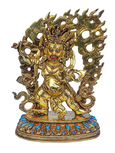 Vajrapani, Buddhist Handmade Statue, [face Painted], [gold Plated], [stone Setting]