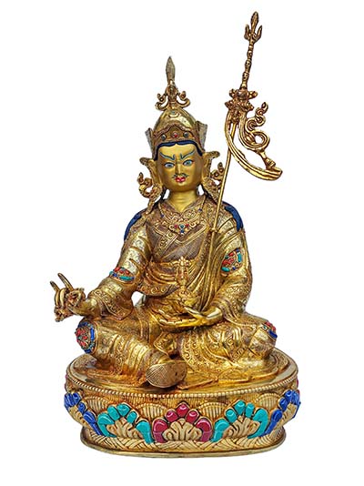 Padmasambhava, Buddhist Handmade Statue, [face Painted], [gold Plated], [stone Setting]