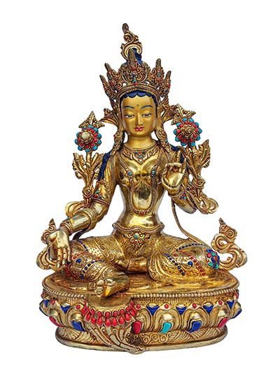 Green Tara, Buddhist Handmade Statue, [face Painted], [gold Plated]