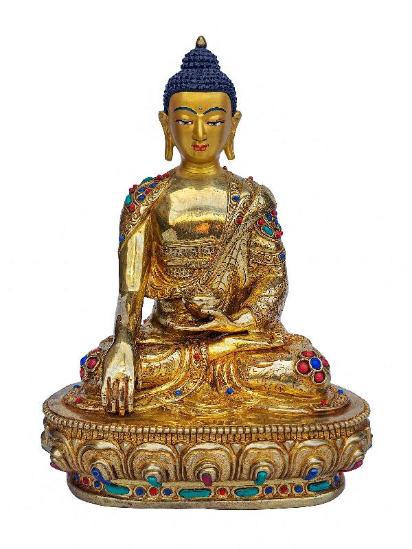 Shakyamuni Buddha, Buddhist Handmade Statue, [face Painted], [gold Plated], [stone Setting]