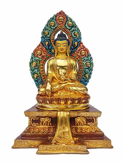 Shakyamuni Buddha On Throne, Buddhist Handmade Statue, [face Painted], [gold Plated], [rare Find], [old Stock]