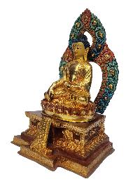 Shakyamuni Buddha On Throne, Buddhist Handmade Statue, [face Painted], [gold Plated], [rare Find], [old Stock]