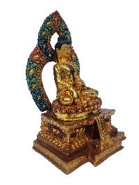 Shakyamuni Buddha On Throne, Buddhist Handmade Statue, [face Painted], [gold Plated], [rare Find], [old Stock]