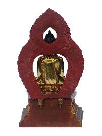Shakyamuni Buddha On Throne, Buddhist Handmade Statue, [face Painted], [gold Plated], [rare Find], [old Stock]