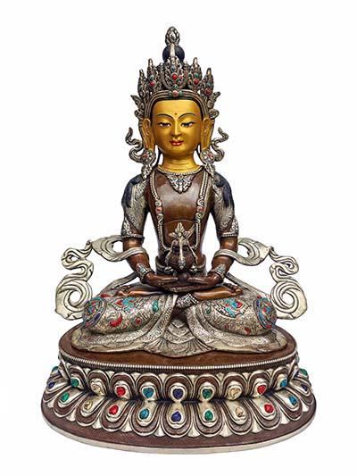 Aparimita, Buddhist Handmade Statue, [silver And Chocolate Oxidized], [face Painted], [stone Setting], Amitayus, Chepame