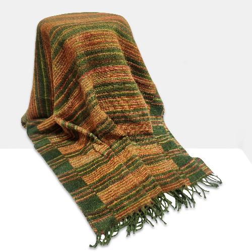 Tibet Shawl, Elevate Your Outfit With Acrylic Woolen Shawls, In Dark Olive Green
 Color And Stripes
