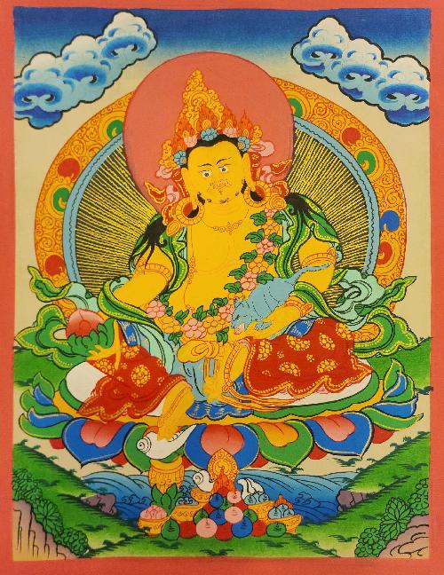Yellow Jambhala Thangka, Buddhist Traditional Painting, Tibetan Style