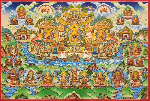 Refuse Tree Shakyamuni Buddha Thangka, [master Quality], [mix Gold], [rare Find], Horizontal Thangka With Various Teachers