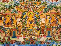 Refuse Tree Shakyamuni Buddha Thangka, [master Quality], [mix Gold], [rare Find], Horizontal Thangka With Various Teachers