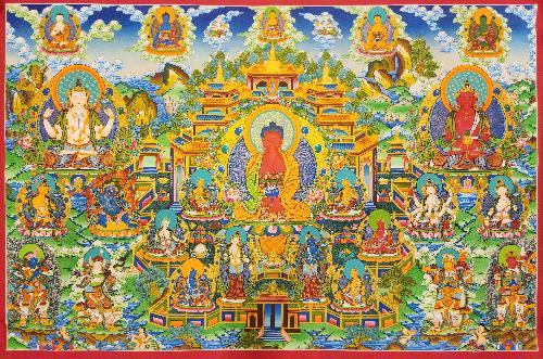 Amitabha Buddha Thangka, [master Quality], [mix Gold], [rare Find], Horizontal Thangka With Chenrezig, Aparimita, And Various Teachers And Bodhisattva.