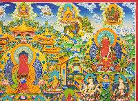 Amitabha Buddha Thangka, [master Quality], [mix Gold], [rare Find], Horizontal Thangka With Chenrezig, Aparimita, And Various Teachers And Bodhisattva.