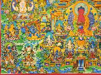 Amitabha Buddha Thangka, [master Quality], [mix Gold], [rare Find], Horizontal Thangka With Chenrezig, Aparimita, And Various Teachers And Bodhisattva.