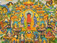 Amitabha Buddha Thangka, [master Quality], [mix Gold], [rare Find], Horizontal Thangka With Chenrezig, Aparimita, And Various Teachers And Bodhisattva.