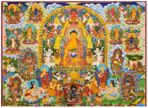 Shakyamuni Buddha Thangka, [master Quality], [mix Gold], [rare Find], Horizontal Thangka With Various Teacher And Bodhisattvas