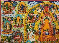 Shakyamuni Buddha Thangka, [master Quality], [mix Gold], [rare Find], Horizontal Thangka With Various Teacher And Bodhisattvas