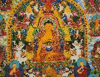 Shakyamuni Buddha Thangka, [master Quality], [mix Gold], [rare Find], Horizontal Thangka With Various Teacher And Bodhisattvas