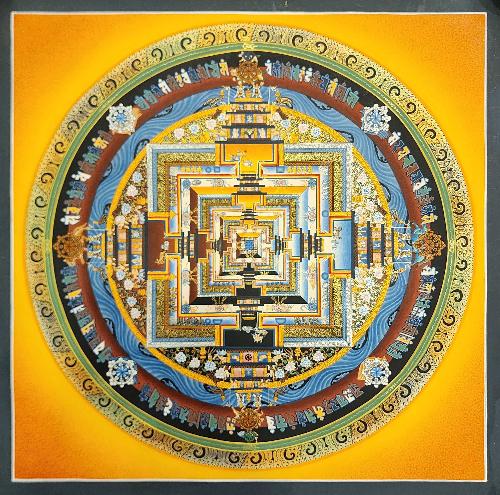 Kalachakra Mandala Thangka, Buddhist Traditional Painting, Tibetan Style, [real Gold], In Yellow Color Base