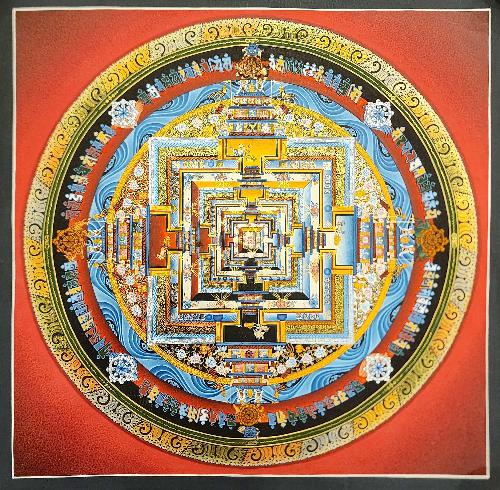 Kalachakra Mandala Thangka, Buddhist Traditional Painting, Tibetan Style, [real Gold], In Red Color Base