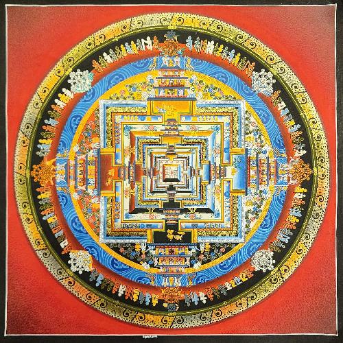 Kalachakra Mandala Thangka, Buddhist Traditional Painting, Tibetan Style, [real Gold], In Red Color