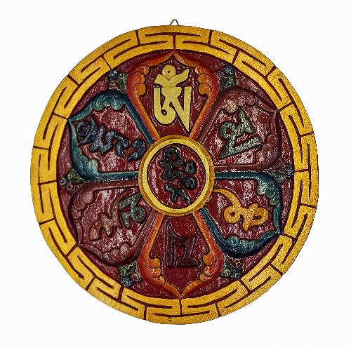 Wooden Wall Hanging, With Om Mane Mantra, [painted], Hand Carved