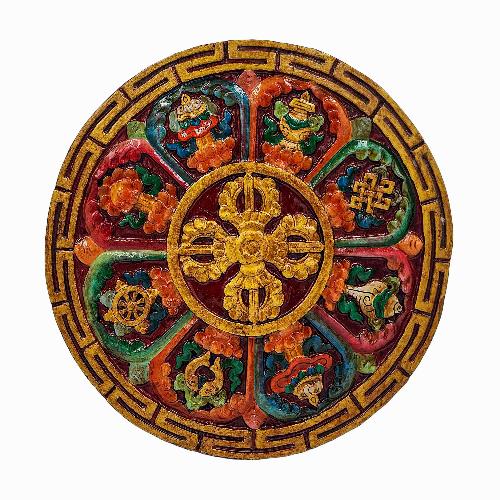 Wooden Wall Hanging, With Double Dorje And Ashtamangal, [painted], Hand Carved