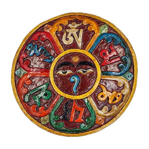 Wooden Wall Hanging, With Om Mane Mantra And Buddha Eye, [painted], Hand Carved