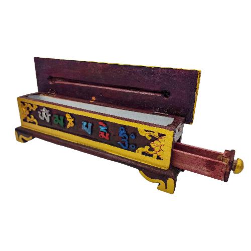 Wooden Incense Burner And Holder, With Om Mane Mantra, [painted], Hand Carved