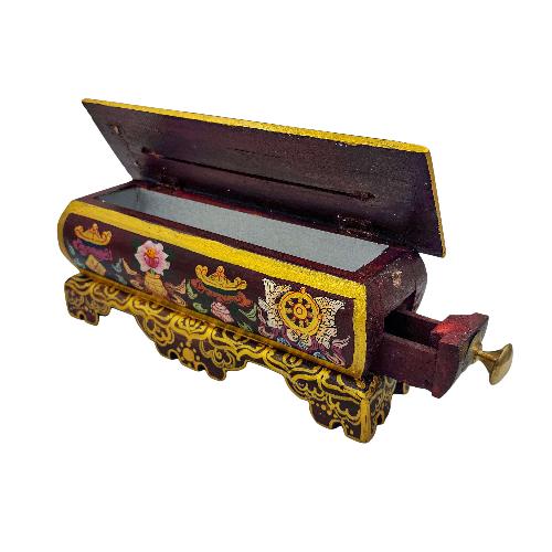Wooden Incense Burner And Holder, With Ashtamangala Painted
