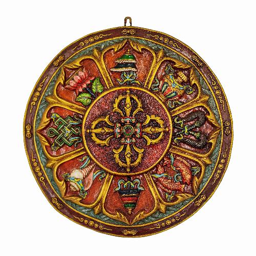 Wooden Wall Hanging, With Ashtamangala Mandala With Double Dorje, [painted], Hand Carved