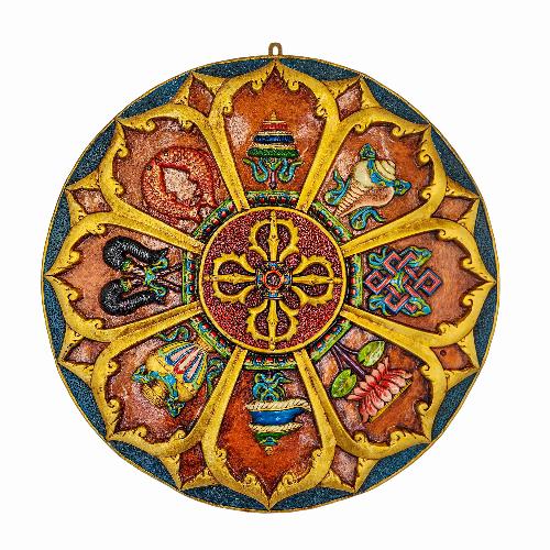 Wooden Wall Hanging, Ashtamangala Mandala With Double Dorje, [painted], Hand Carved
