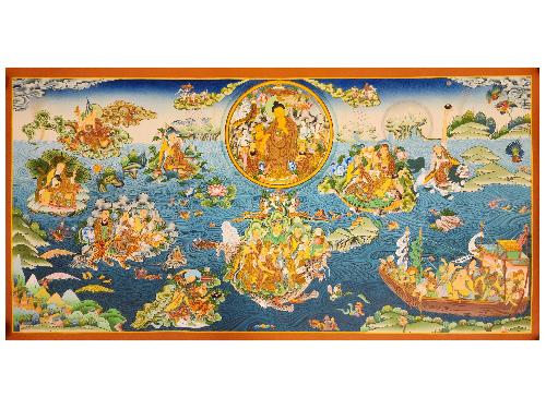 Pani Buddha [water] Thangka, Buddhist Traditional Painting, Tibetan Style, [real Gold] With 16 Arhats And 10 Bodhisattvas
