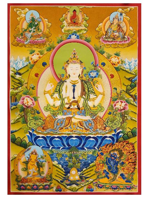 Chenrezig Thangka, Buddhist Traditional Painting, Tibetan Style, [real Gold], Three Great Bodhisattvas