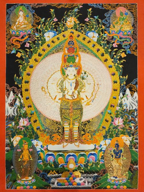 1000 Arms Sahasrabhuja Avalokitesvara, Buddhist Handmade Thangka Painting, [real Gold]
