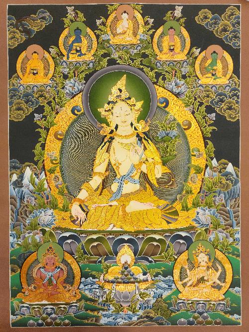 White Tara, Buddhist Handmade Thangka Painting, [real Gold], Three Long Life Deities, And Pancha Buddha On Top