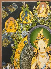 White Tara, Buddhist Handmade Thangka Painting, [real Gold], Three Long Life Deities, And Pancha Buddha On Top
