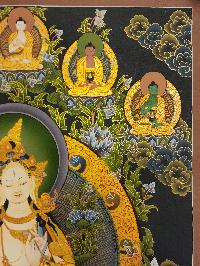 White Tara, Buddhist Handmade Thangka Painting, [real Gold], Three Long Life Deities, And Pancha Buddha On Top
