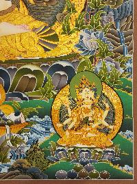 White Tara, Buddhist Handmade Thangka Painting, [real Gold], Three Long Life Deities, And Pancha Buddha On Top