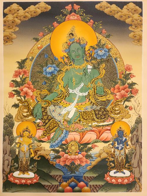 Green Tara, Buddhist Handmade Thangka Painting, [real Gold]