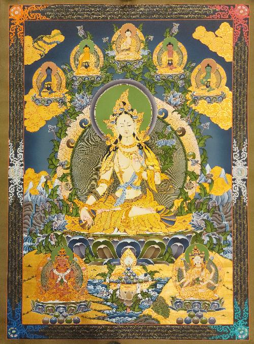 White Tara, Buddhist Handmade Thangka Painting, [real Gold] With Pancha Buddha On Top, Three Long Life Deities