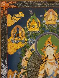 White Tara, Buddhist Handmade Thangka Painting, [real Gold] With Pancha Buddha On Top, Three Long Life Deities