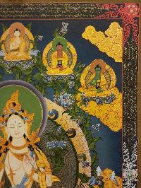 White Tara, Buddhist Handmade Thangka Painting, [real Gold] With Pancha Buddha On Top, Three Long Life Deities