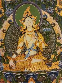 White Tara, Buddhist Handmade Thangka Painting, [real Gold] With Pancha Buddha On Top, Three Long Life Deities