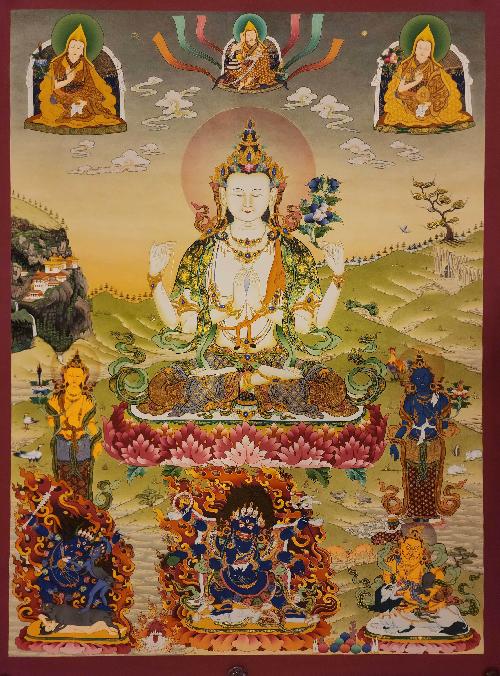 Chenrezig, [master Quality] Buddhist Handmade Thangka Painting, Tibetan Style, [real Gold], [rare Find]