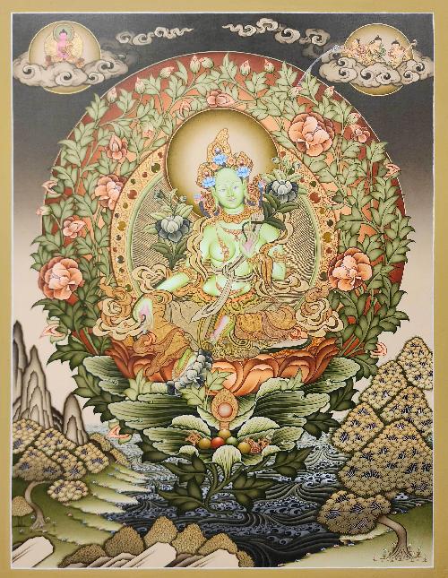 Green Tara, [master Quality] Buddhist Handmade Thangka Painting, Tibetan Style, Modern Style [real Gold], [rare Find]