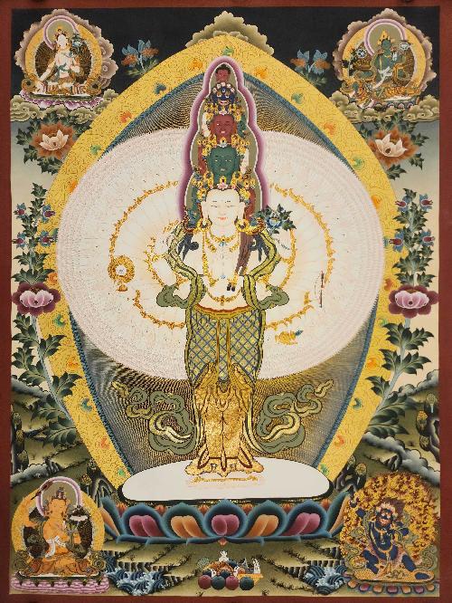 1000 Arms Sahasrabhuja Avalokitesvara, [master Quality] Buddhist Handmade Thangka Painting, Tibetan Style, [real Gold], With Three Great Bodhisattvas